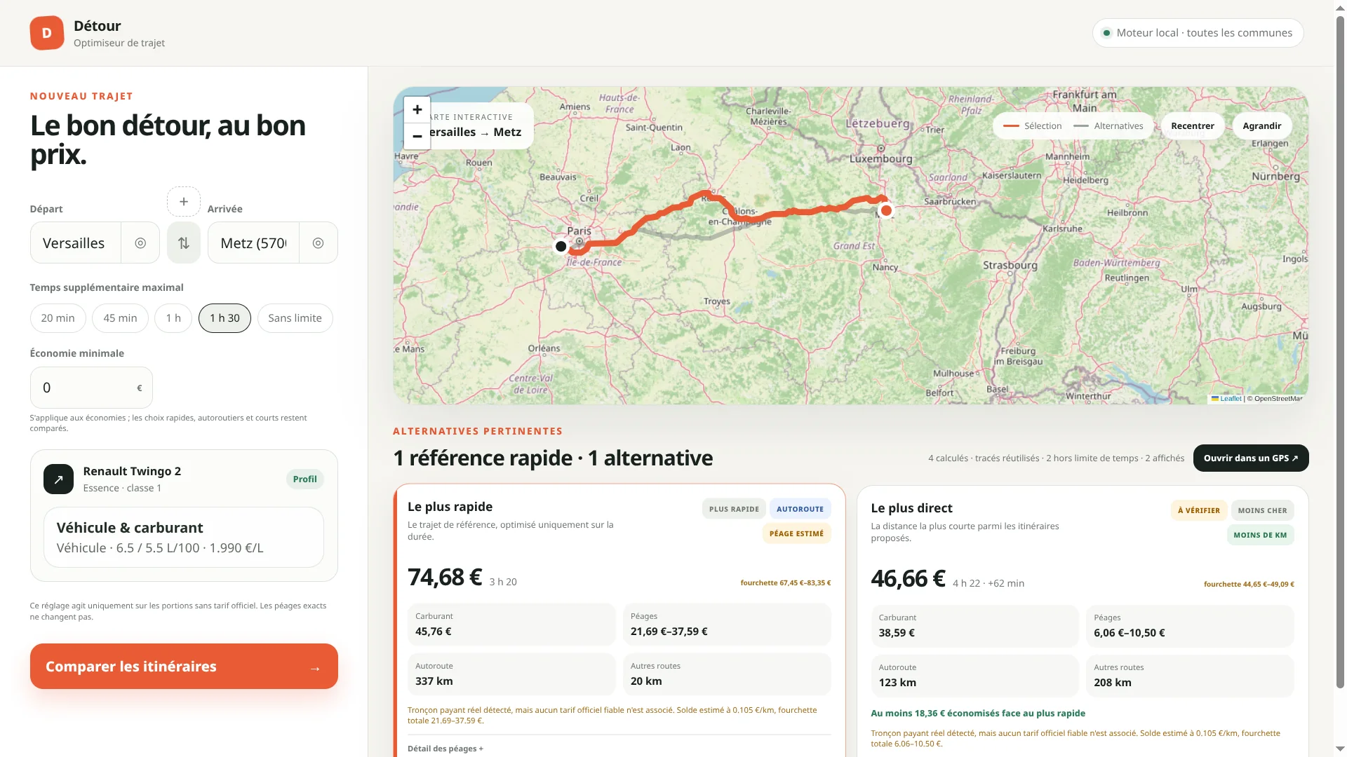 Interface de Détour comparant des itinéraires entre Versailles et Metz